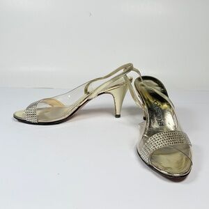 Metallic Gold Slingback Heels with Crystal Toe Strap